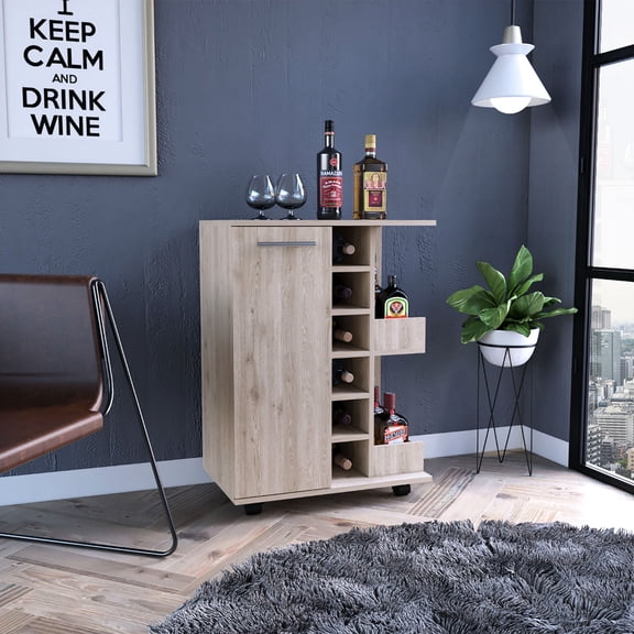 Four locking casters, two open liquor bottle shelves | Ensure stability and easy access to drinks