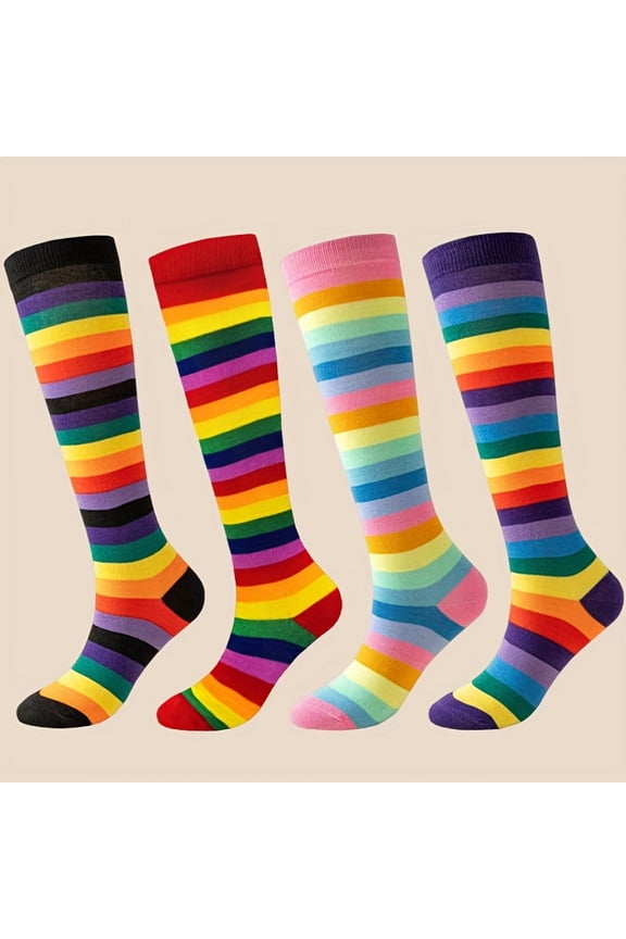Four pairs of women's rainbow striped knee-high socks – soft and comfortable, cute and stylish, suitable for all seasons, brightly colored, versatile and casual, and made of soft fabric.