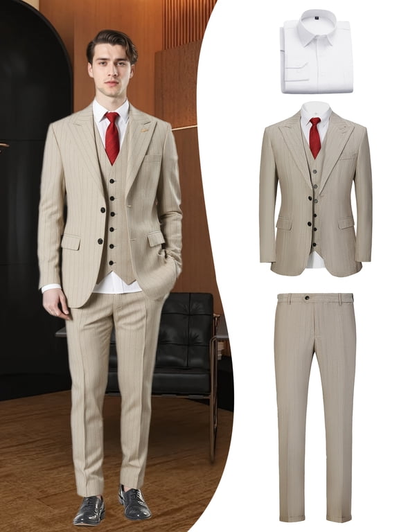 Four piece Men's new striped suit: jacket, vest, pants, shirt set - formal business suit for groom, ball, and special events | High quality fabric, British style, elegant and fashionable