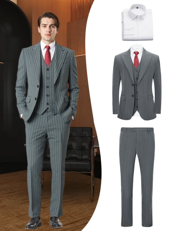 Four piece Men's new striped suit: jacket, vest, pants, shirt set - formal business suit for groom, ball, and special events | High quality fabric, British style, elegant and fashionable