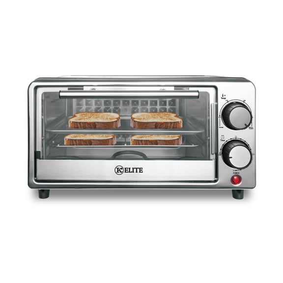 Four-piece oven, compact countertop appliance, with baking tray, metal rack, adjustable timer and temperature control, black.