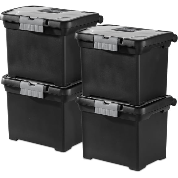 Four-piece portable file box, stackable storage box, suitable for letter hanging folders, black - paper file plastic storage organizer with locking lid
