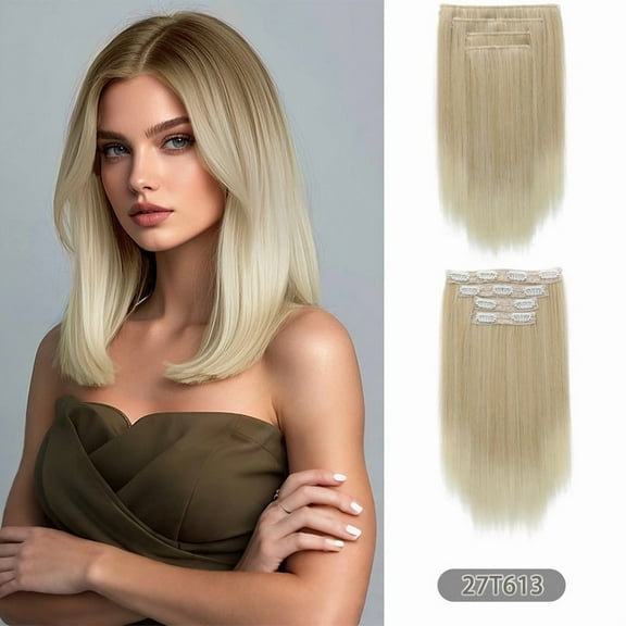 Four piece set of long straight hair wig pieces, with natural fluffy long hair extensions and wig clips
