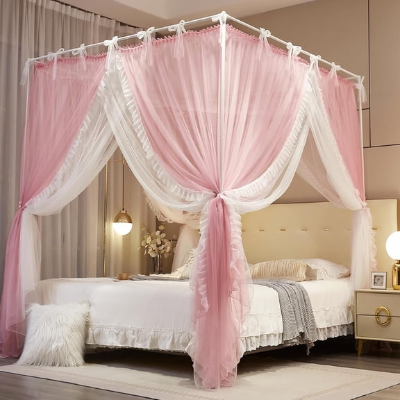 Four-post princess bed with lace-up canopy and double-layer four-opening mosquito net