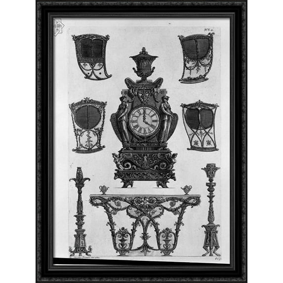 Four sides of the sedan, a clock, two candlesticks, table wall 28x38 Large Black Ornate Wood Framed Canvas Art by Giovanni Battista Piranesi