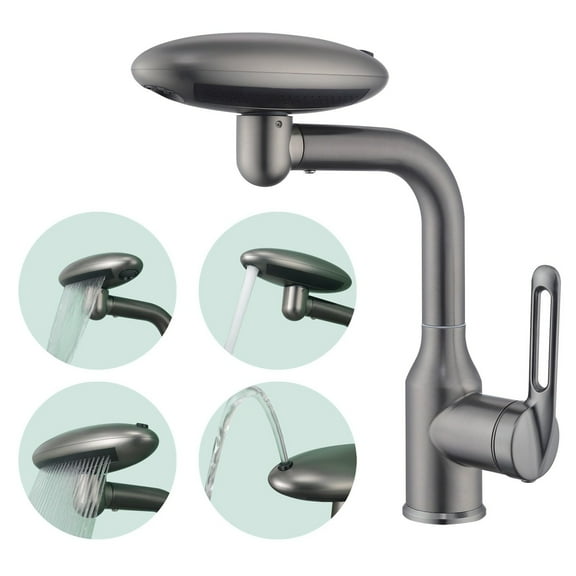 Four-speed spaceship stainless steel gun gray faucet/ Hole Bathroom Faucet In Grey 360° Swivel Spout With 4 Spray Water Supply Connections Modern Basin Tap"