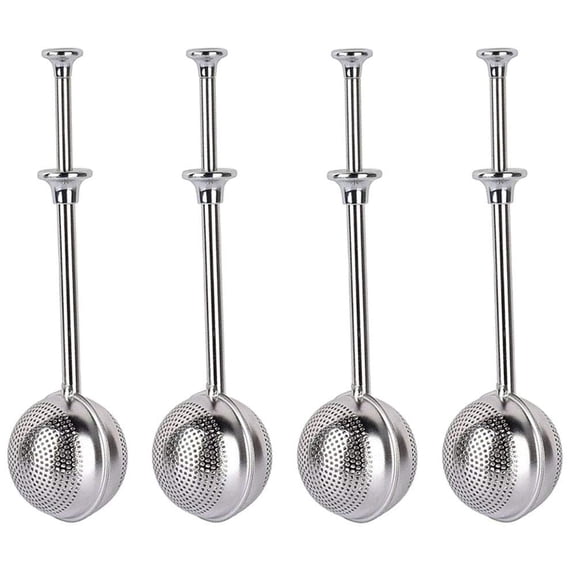 Four stainless steel tea filters with long handles, used as advanced tea filters for loose leaf tea, outdoor portable rotating tea leakage tea ball tea separation ball tea brewing device