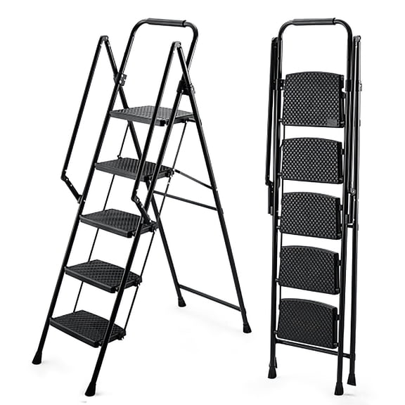 Four-step ladder, light folding four-step stool, wide anti-skid pedal and safety handle, strong steel ladder, multi-purpose ladder, applicable to family, kitchen, office elevator