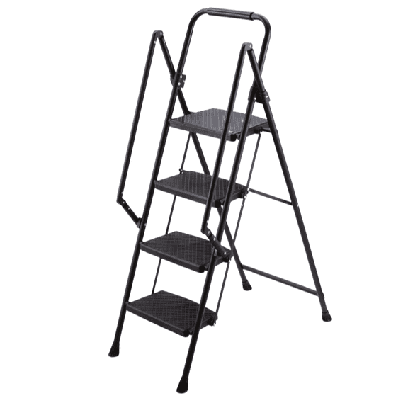 Four step ladder, lightweight folding four step stool, wide anti slip pedal and safety handle, sturdy steel ladder, multi-purpose step ladder, suitable for home, kitchen, and office elevators