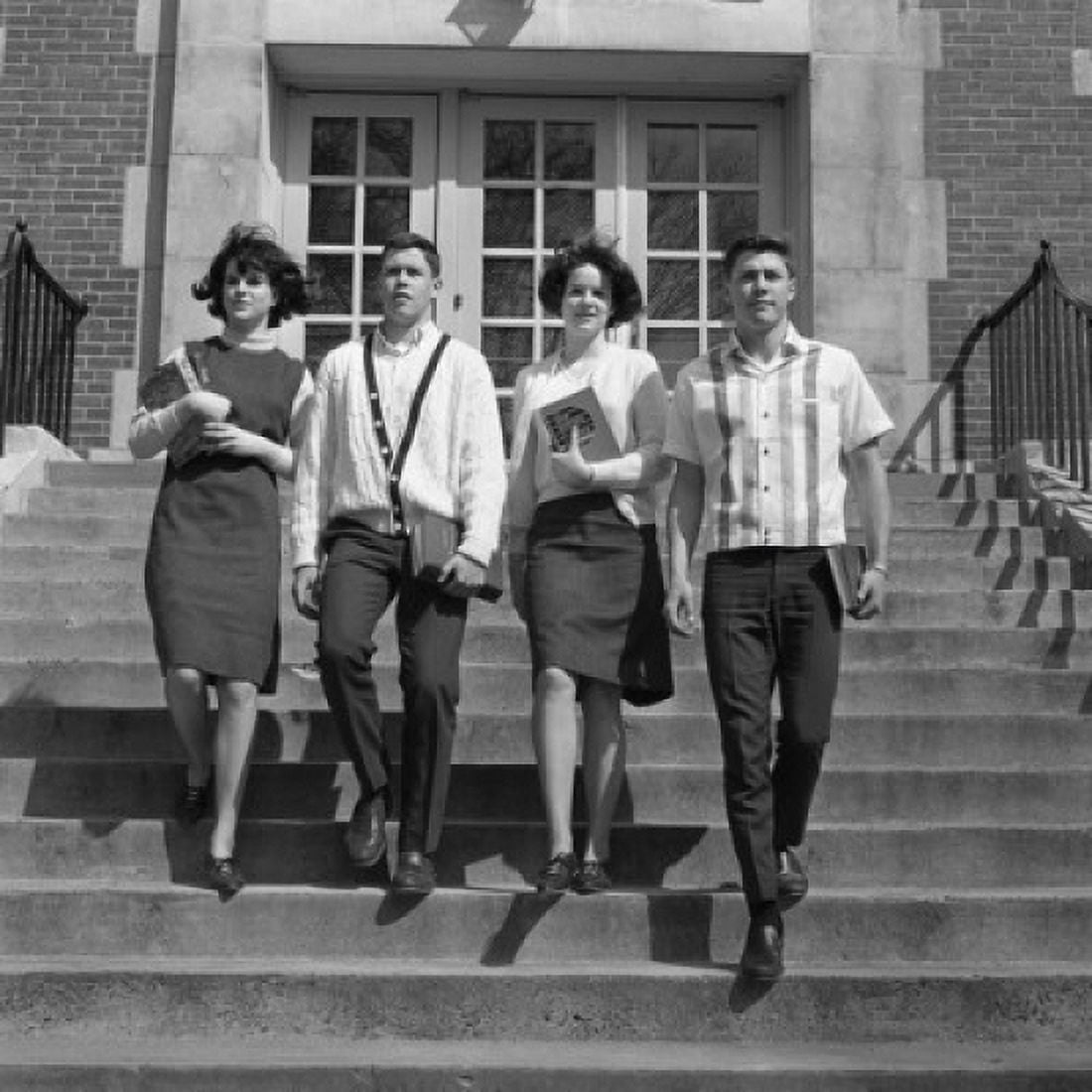 Four students on steps outside university Canvas Art - (24 x 36)
