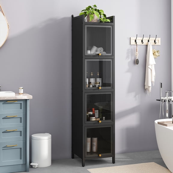 Four-tier Glass Door Cabinet with Five-tier Storage, Iron Frame, Black Finish - Ideal for Entryway, Living Room, Bathroom, and Dining Room Storage