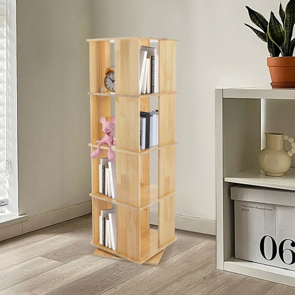 Four-tier Rotating Bookshelf, 360° Revolving Bookcase, Display Book Shelf, Floor Standing Bookcase Storage Rack, Stackable Revolving Bookcase Organizer for Study Room, Living Room (Wood Color)