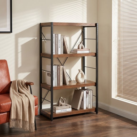 Four-tier open bookshelf, retro wood grain shelves with a black metal frame, floor-standing display and storage rack for living room or study.