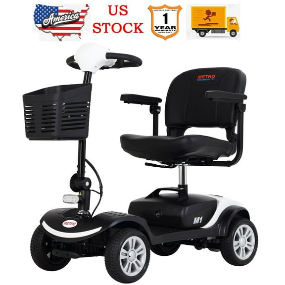 Four wheels Compact Travel Motorized Mobility Scooter, Compact Motorized Scooter w/Detachable Basket, Heavy Duty Electric Scooter for Seniors, Adults, Easy Assembly, 300lbs, White, SS151