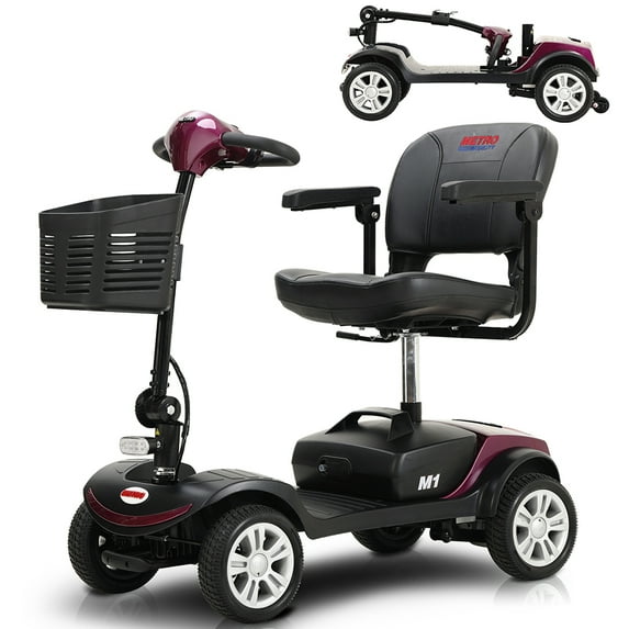 Four wheels Compact Travel Motorized Mobility Scooter, Compact Motorized Scooter w/Detachable Basket, Heavy Duty Electric Scooter for Seniors, Adults, Easy Assembly, 300lbs, Plum, SS171