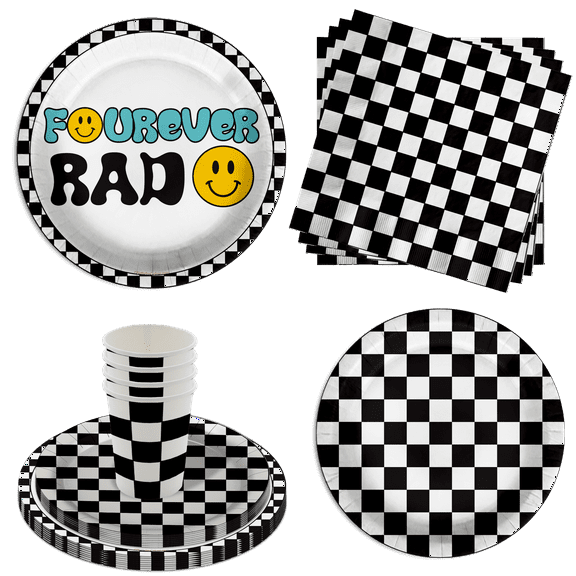 Fourever Rad Smiley Face 4th Birthday Party Supplies 64 Piece Tableware Set Includes Large 9" Dinner Plate and Small Dessert Plates Cups and Napkins Tableware Kit for 16