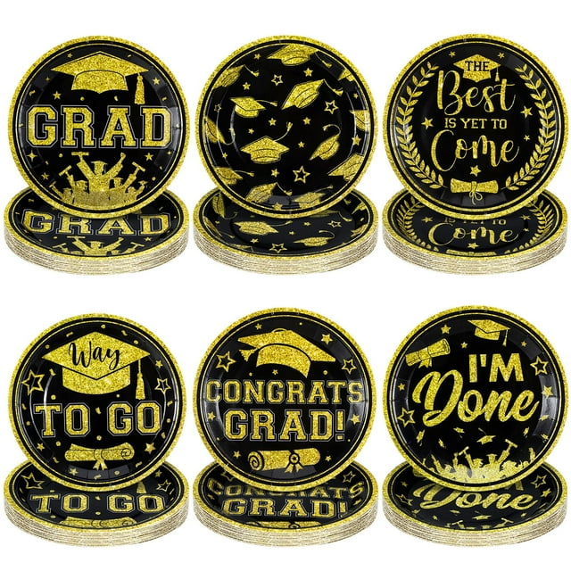 Fourluoo 96 Pcs Graduation SSF20 Paper Plates Class of 2025 7 Inch Disposable Black and Gold Dessert Plates for Graduation Party Decoration Supplies