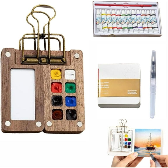 Fourseasons Pocket Artist Watercolor Travel Set, Fourseasons Pocket Artist, Nano Palette Watercolor, Nanopalette Mini Watercolor Paint Set, Pocket Artist Watercolor Travel Set-Wooden 8set