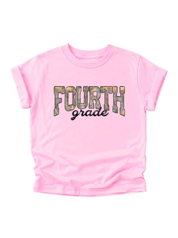Fourth Grade Camo Shirt for Boys and Girls Back to School Woodland Camouflage Kids Tee Pink Shirt Youth Large