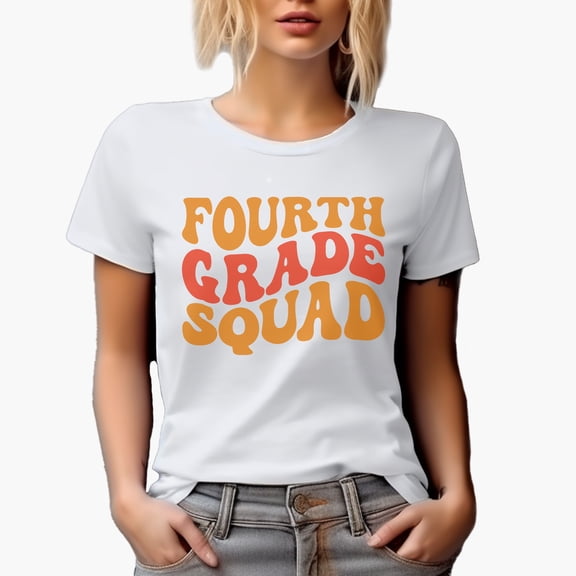 Fourth Grade Squad, Elementary School Themed, Groovy Retro Wavy Text Merch Gift, White T-Shirt, Small