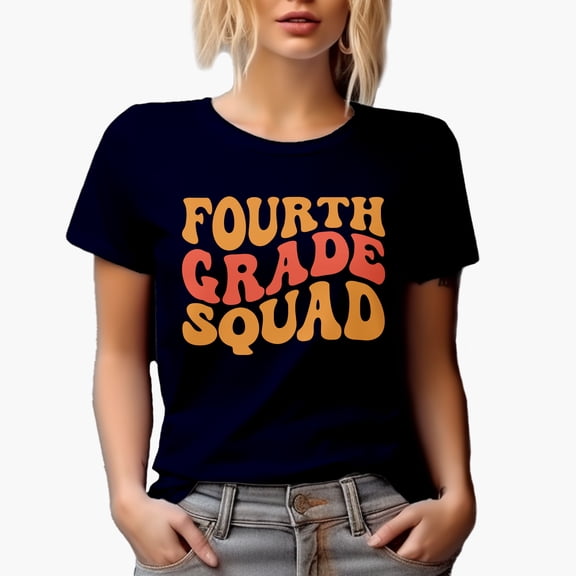 Fourth Grade Squad, Elementary School or Teacher Themed, Groovy Retro Wavy Text Merch Gift, Navy Blue T-Shirt, 3XL