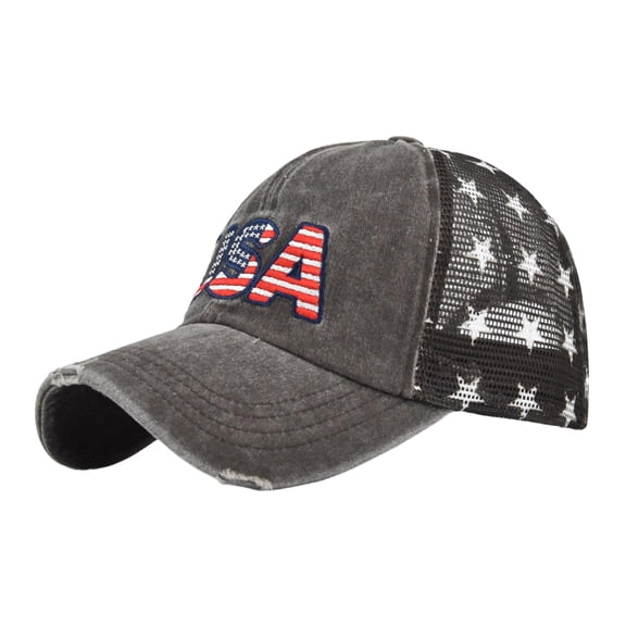 Fourth of July Accessories, Black Cotton Fabric, Distressed Sun Cap, Adjustable Fit, 1 Pc, Black Mesh Fabric Back, White Star Motif, Black Embroidery Floss, Usa Graphic, Fourth of