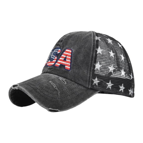 Fourth of July Accessories, Black Embroidery Thread, Unisex Adjustable Sun Cap, Patriotic Usa detailing, Black Mesh Fabric, Fourth of July decorations, Distressed Wash, 1 Pc
