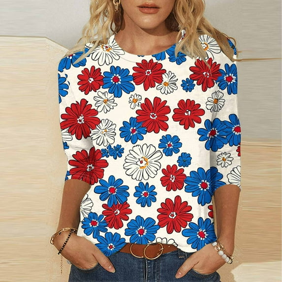 Fourth of July Decoration,Buy Again My Orders,Cadancy Plus Size Tops for Women Clearance,Loose Fit Elbow Sleeve Tees Color Blouses Casual,Loose Graphic Tees ,Playeras De Mujer Cuello,Blue 5X