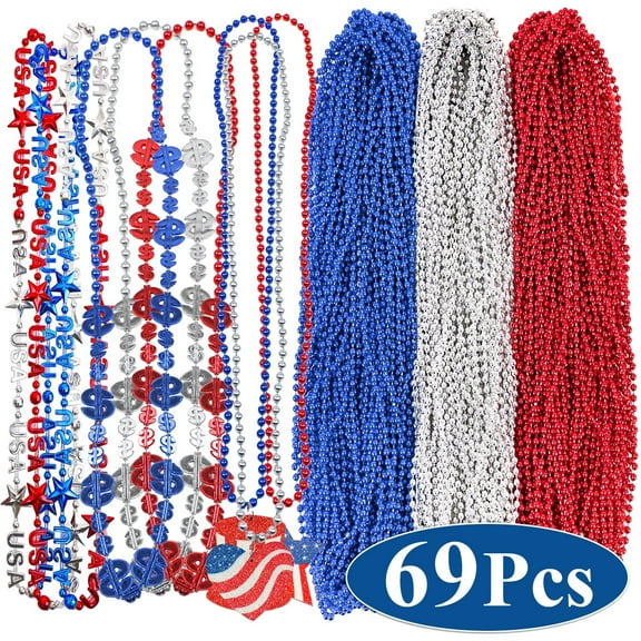 Fourth of July Decoration Patriotic Mardi Gras Beads USA Party Accessories Red White Blue Beaded Necklaces Independence Day Metallic Necklaces 69Pcs Set 1