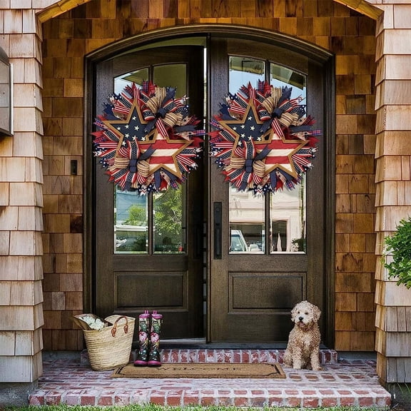 Fourth of July Decorations, 16 in Diameter, Patriotic Wreath, Door Decor, Wall Decorations, Red and White Striped Ribbon, Blue Plaid Ribbon, Front Porch, Wreath Frame, Ribbon