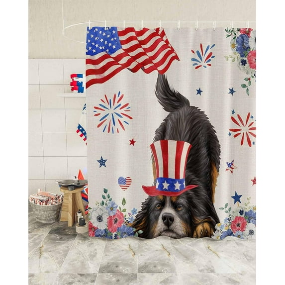 Fourth of July Dog Shower Curtain, Memorial Day Stars Flag Shower Curtain Set with Hooks, Spring Summer Waterproof Fabric Shower Curtains for Bathroom Decor, 72x72 Inch Bath Curtain
