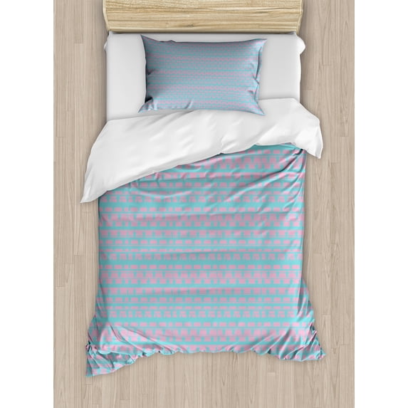 Fourth of July Duvet Cover Set, Horizontally Designed Streaks and Star Forms in Retro Pastel Tones, Decorative 2 Piece Bedding Set with 1 Pillow Shams, Twin Size, Pale Pink Turquoise, by Ambesonne