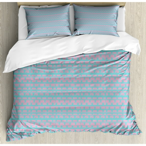Fourth of July Duvet Cover Set, Horizontally Designed Streaks and Star Forms in Retro Pastel Tones, Decorative 3 Piece Bedding Set with 2 Pillow Shams, King Size, Pale Pink Turquoise, by Ambesonne