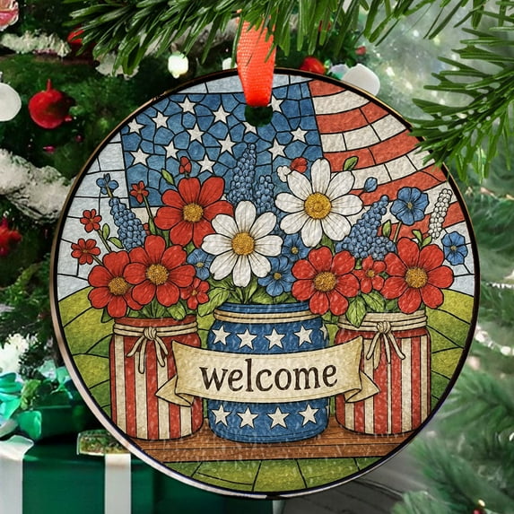 Fourth of July Front Stained Glass Door Window Hanging Decor, 4th Of July Wreath, USA Independence Day, American Flag, Patriotic Wreath, Stained Glass Ornament 2025, Holiday