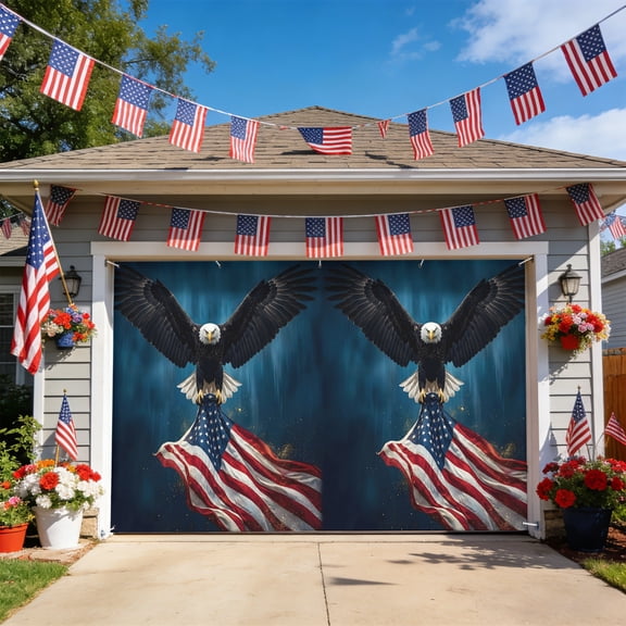 Fourth of July Garage Door Cover 7 x 16 ft Patriotic Eagle American Flag Vintage Garage Door Banner Backdrop Decorations Indoor Outdoor Large Wall Banner Decor for Holiday, Party