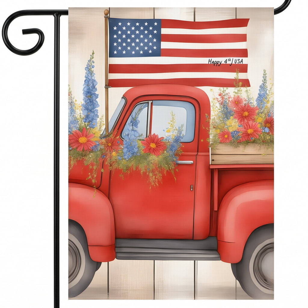 Fourth Of July Garden Flag A Red Truck With A Flag On The Back Of It. Happy 4th Usa 250 Year American Anniversary Flag 28x40 Inch American Flag Outdoor Decor