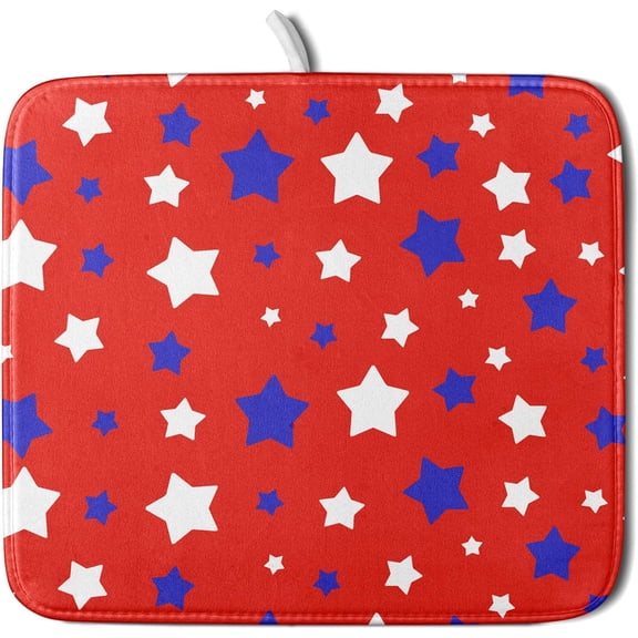 Fourth of July Independence Memorial Dish Drying Mat for Kitchen Counter,Blue White Star Patriotic Red Drying Mat 16 x 18 Inch with High Absorbent Microfiber Dish Drying Mat for Coffee Bar