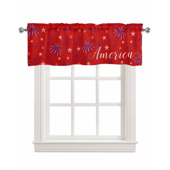 Fourth of July Linen Curtain Valance for Bedroom/Bathroom/Kitchen/Office/Living/Dining Room Window,Patriotic Freedom Memorial Day Star Red Pocket Topper Drapes Decorative Cafe Drapery Panel 42"x18"