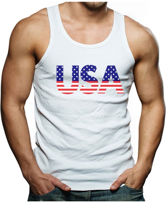 Fourth of July Men's Tank Top - American Flag Print Singlet - USA Pride - Patriotic Apparel for 4th of July Celebrations - Barbecues - Men's American Flag Tank - USA Themed Outfit - Large White