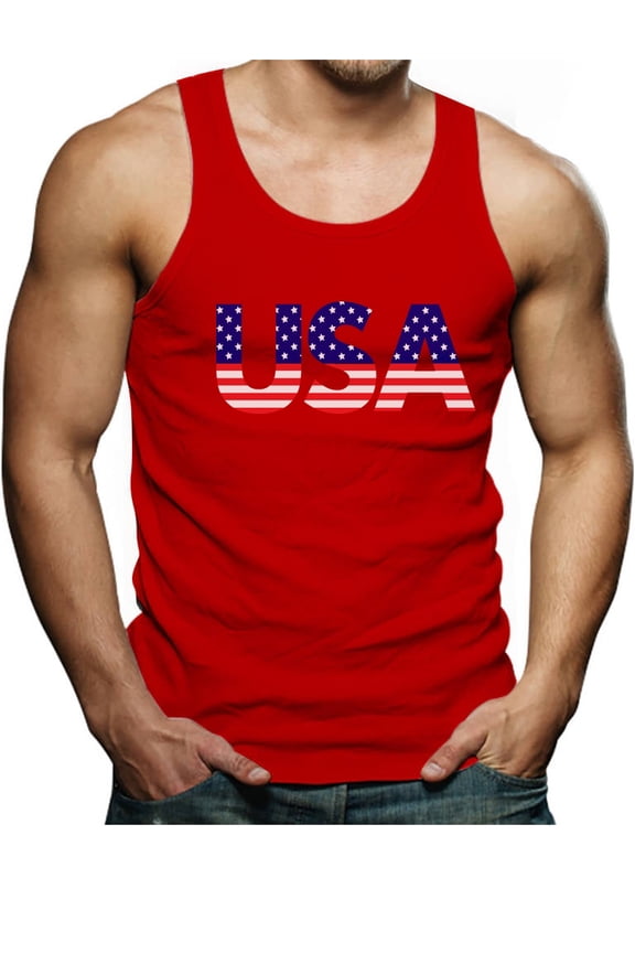 Fourth of July Men's Tank Top - American Flag Print Singlet - USA Pride - Patriotic Apparel for 4th of July Celebrations - Barbecues - Men's American Flag Tank - USA Themed Outfit - Small Red