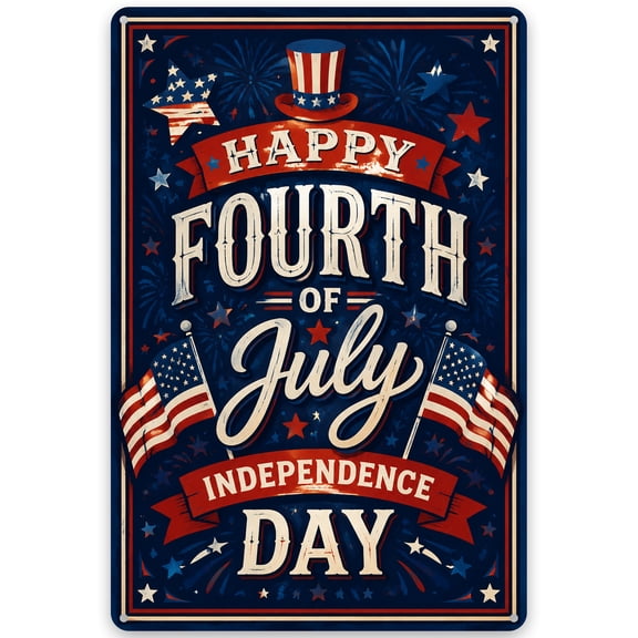 Fourth of July Metal Wall Sign, 8x12 Inch, American Flag Stars and Stripes Design, Rustic Independence Day Decor for Indoor Outdoor Display, Pre-Drilled Holes