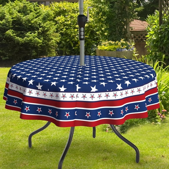 Fourth of July Outdoor Tablecloth with Umbrella Hole Memorial Day Patriotic Table Cloth American Flag, Stars Partio Table Cloths with Zipper-60 x60 Round
