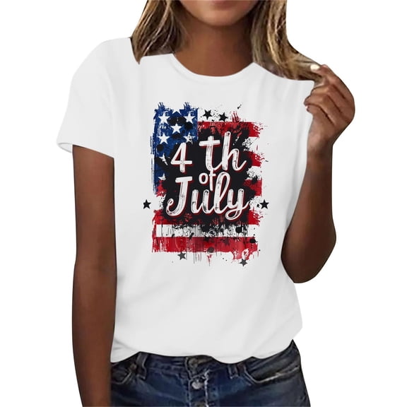 Fourth of July Outfit Women on Sale Womens American Flag Graphic Tees Casual Crew Neck Short Sleeve T-Shirts 4th of July Tops Printed Patriotic Shirts Summer Tops New White M