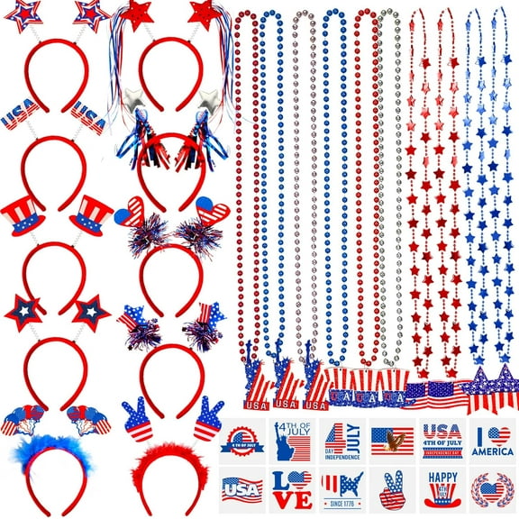 Fourth of July Party Favor Set, 92-Piece Accessories Kit with Headbands, Bead Necklaces, Tattoo Stickers for Kids, Patriotic Parade and Classroom Rewards, Red White Blue