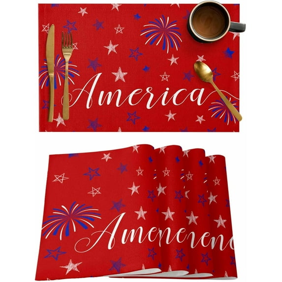 Fourth of July Placemats Set of 6,Washable Woven Burlap Cloth Fabric Placemat for Square/Rectangle/Round/Oval Dining Table,Easy Clean Place Mats for Kids Patriotic Freedom Memorial Day Star Red