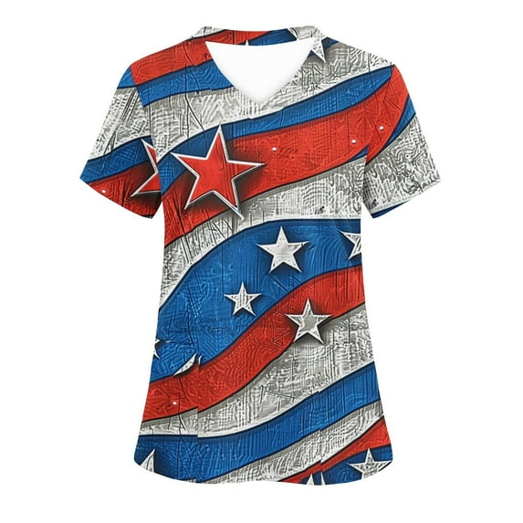 Fourth of July Scrub Tops,Cadancy Plus Size Nurse Uniforms for Women Summer 3X,Vacation Clothes Sexy Blouses Cotton,Stripe Shirt Cotton V Neck,Patriotic Memorial Day,De Mujer Para Daily S