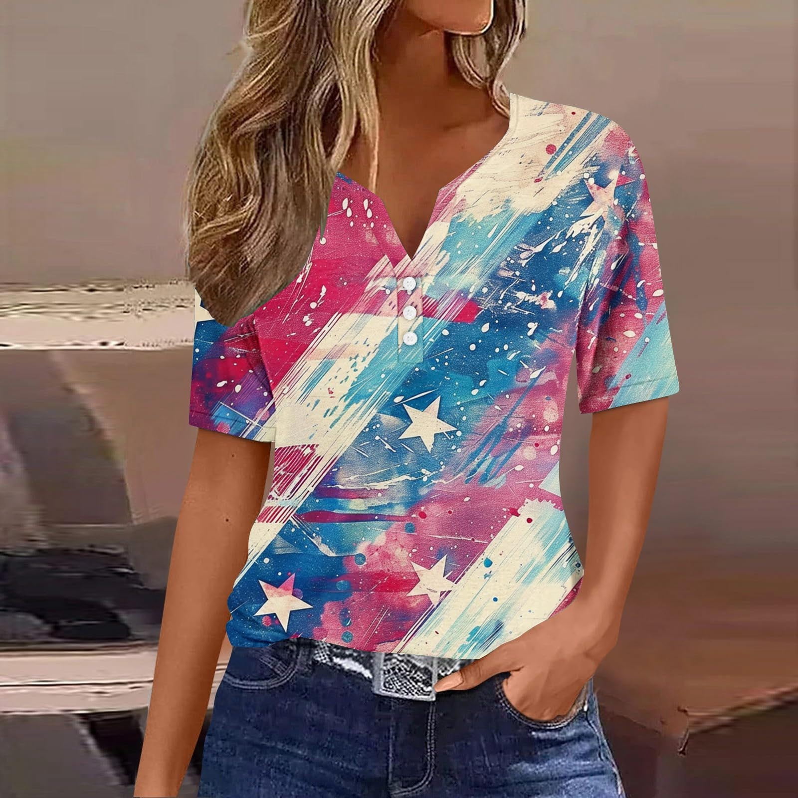 American Flag 4th Of July Shirt For Women – Patriotic 3/4 Sleeve Top, Polyester/Spandex