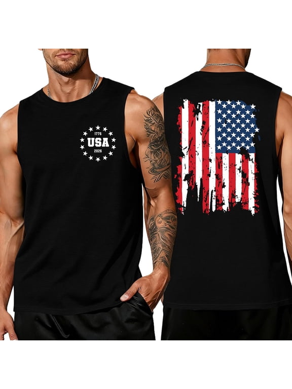 Fourth Of July Shirts for Men Usa American Flag Graphic Sleeveless Tank Tops 250 Anniversary We the People Patriotic Tank Independence Day Round Neck Outfits,Black M
