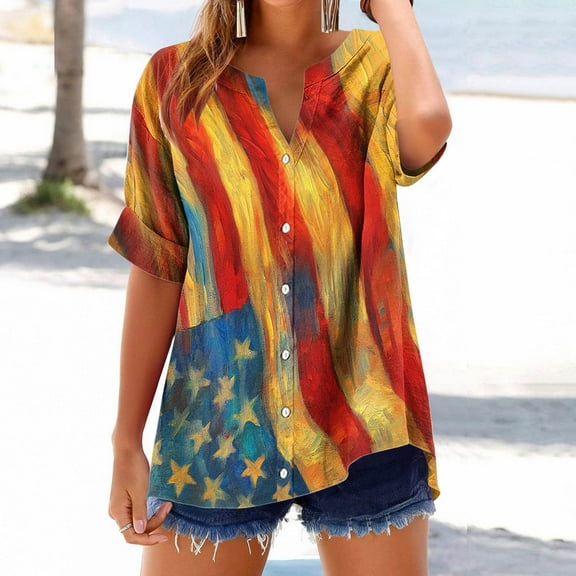 Fourth of July Shirts for Women American Flag Women Shirts 4th of July Shirts Womens Independence Day T-Shirts Women's V-Neck Short Sleeved Summer Button Loose Fashion T-Shirt Tops