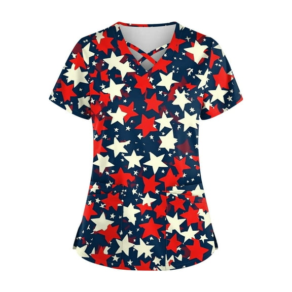 Fourth Of July Shirts For Women, Scrubs Tops 5Th Cutout V Neck Short Sleeve Workwear With Pockets Red White And Royal Blue American Flag Top Navy Scrubs Womens Tops Outfits (M, Dark Blue) ZMTing